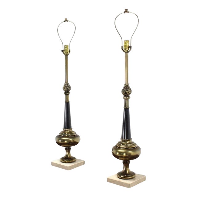 Pair Mid Century Modern Stiffel Brass Finial Shape Table Lamps Square Marble Bases MINT! For Sale
