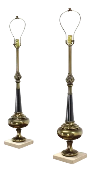 Pair Mid Century Modern Stiffel Brass Finial Shape Table Lamps Square Marble Bases MINT!