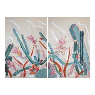 2026, Illustration Style Painting, Blooming Cacti, Desert Cactus Diptych, Acrylic Paint on Watercolor Paper by Romina Milano For Sale