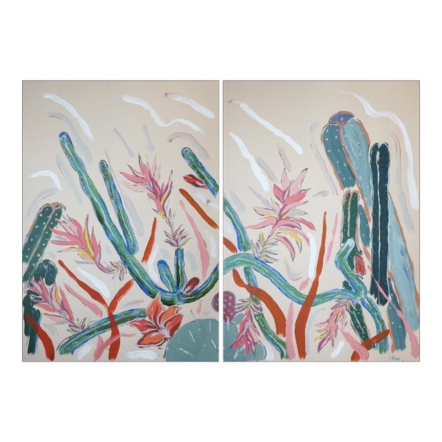 2026, Illustration Style Painting, Blooming Cacti, Desert Cactus Diptych, Acrylic Paint on Watercolor Paper by Romina Milano For Sale