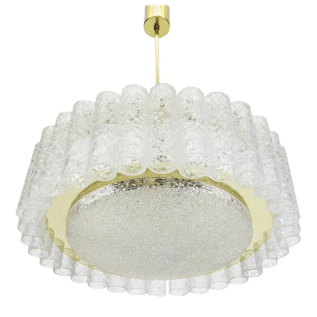 Ice Glass Tubes Chandelier with Brass Surround from Doria, Germany, 1960s For Sale