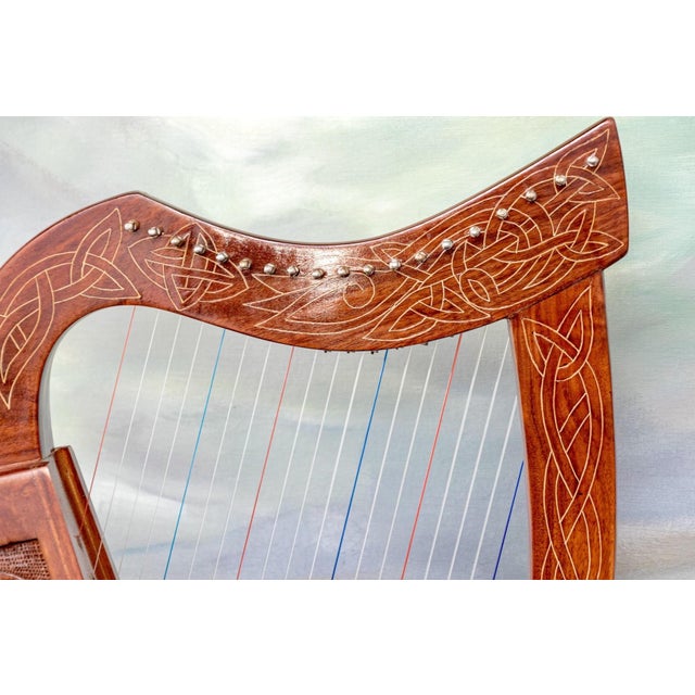 Wood Vintage Ornately Carved and Inlaid 19-String Table-Top Harp For Sale - Image 7 of 13