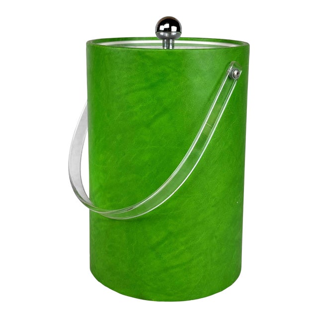 Mid-Century Avocado Green Ice Bucket With Lucite Handle For Sale