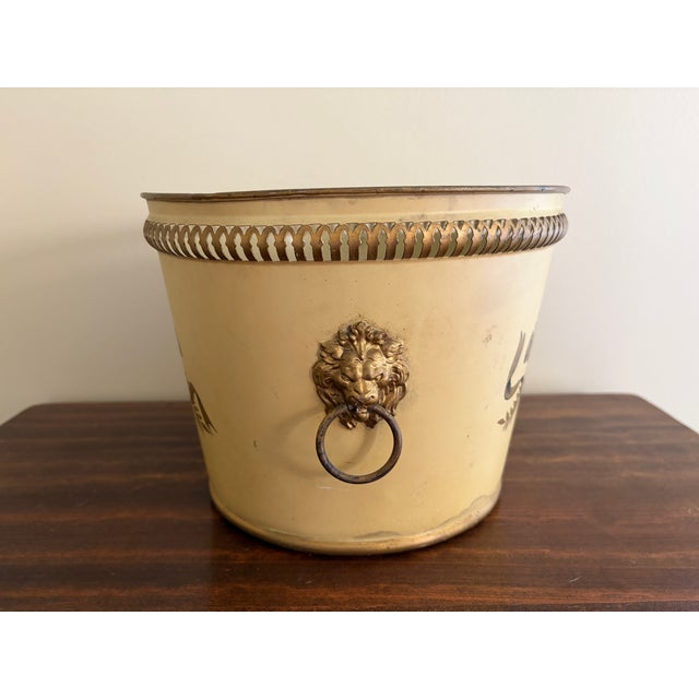 Yellow Antique French Neoclassical Yellow Tole Cachepot With Lion-Head Handles For Sale - Image 8 of 12