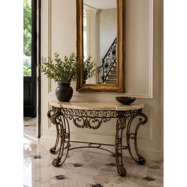 Maitland Smith, Louis XV Style Demilune Console Table, Gilt Metal, Tessellated Marble, Philippines, 1980s An interesting...