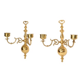 1980s Mid-Century Modern Two Arm Cast Brass Candle Holder Wall Sconces - a Pair For Sale