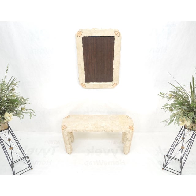 1970s Tesselated Stone Marble Brass Inlaid Console Sofa Entry Hall Table with Mirror - Set of 2 For Sale - Image 5 of 12