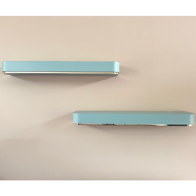 Postmodern Baby Blue Laminate Floating Sconce Shelves With Gold Accents - A Pair For Sale - Image 4 of 9