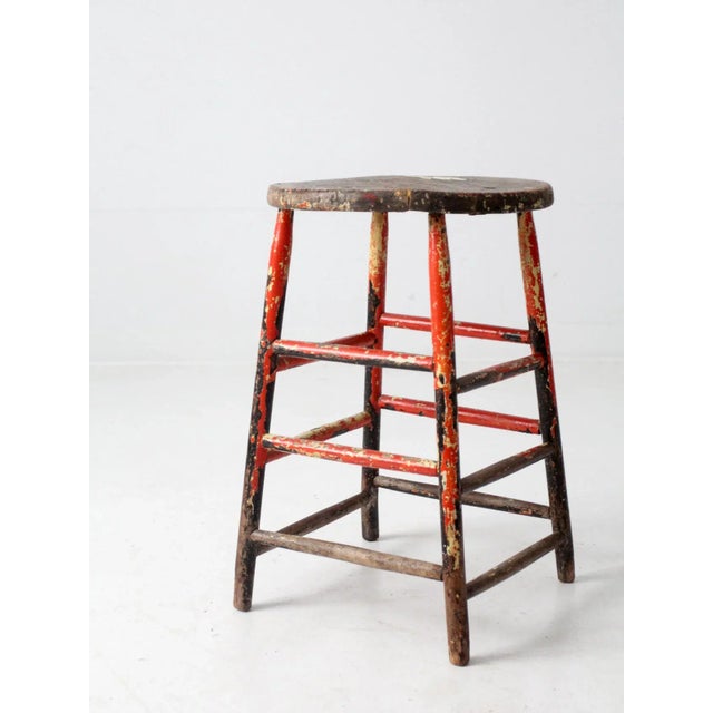 Red Vintage Rustic Painted Farmhouse Stool For Sale - Image 8 of 10