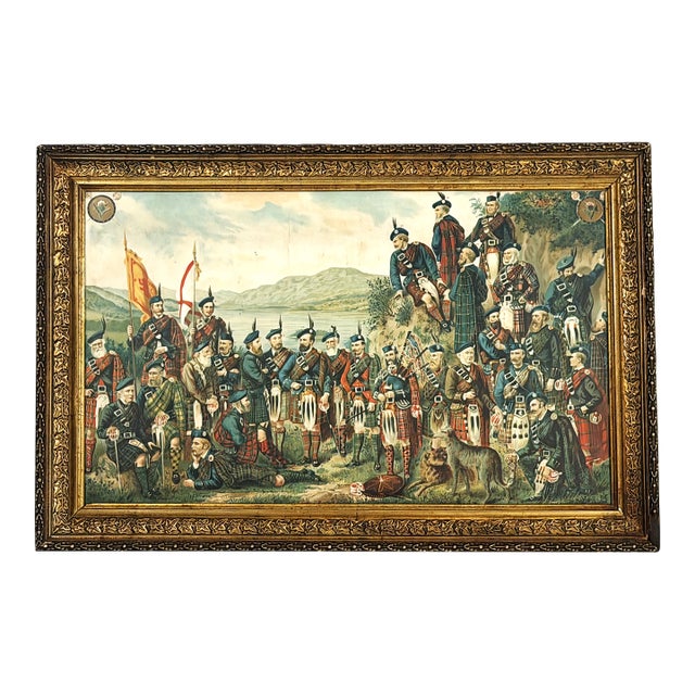 Antique Framed Scottish Print of Clan Chiefs and Tartans For Sale