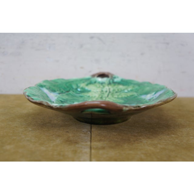 Late 19th Century Antique English Majolica Porcelain Handled Fern Leaf Plate Platter 12" For Sale - Image 5 of 12