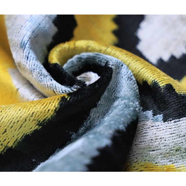 Yellow Abstract Ikat Velvet Lumbar Pillow 16x24 | Handmade Luxury Accent For Sale In San Francisco - Image 6 of 6