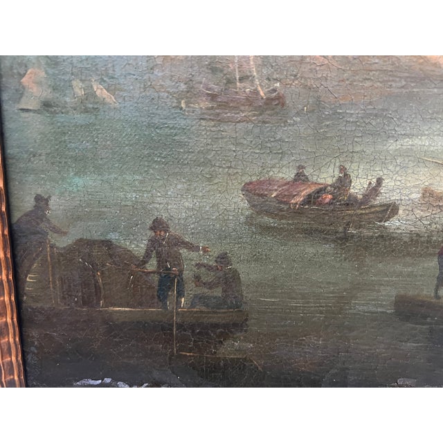 Oil on canvas "the lively river bordering a mountain landscape" scene of a boat on the water and multiple figures...