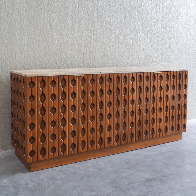 Brutalist Carved Wood Sideboard with Travertine Top For Sale - Image 4 of 17