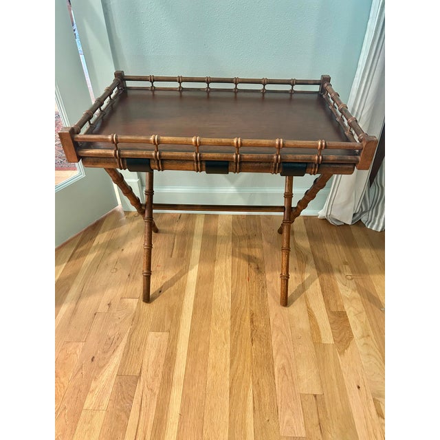 1970s Vintage Faux Bamboo Palm Beach Folding Tray Table With Gallery Rail and Glass Top For Sale - Image 5 of 13