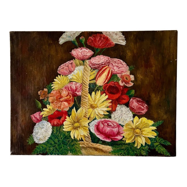 Original Still Life "Spring Flower Basket" Oil on Canvas For Sale