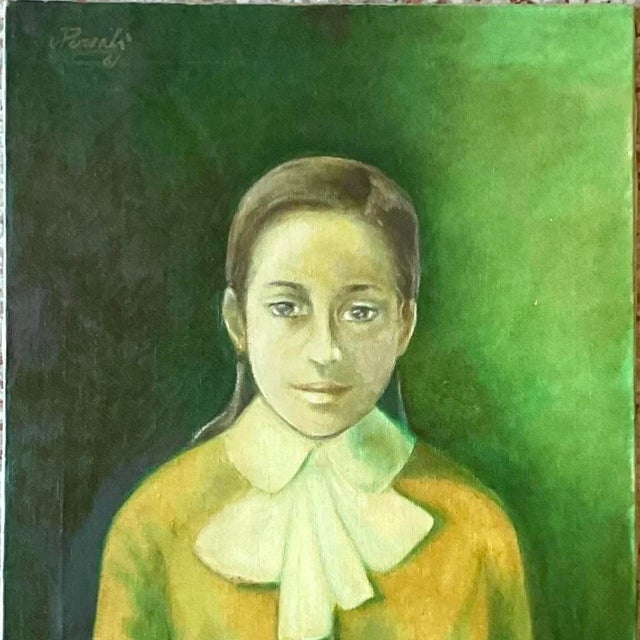 Vintage 1960s Italian Green-Toned Portrait Oil Painting For Sale - Image 13 of 14