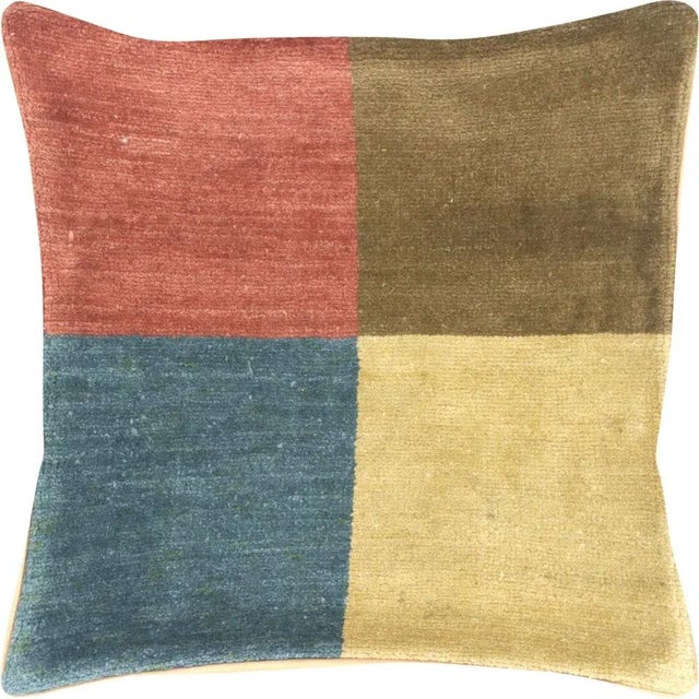 1960s Turkish Oushak Pillow. Hand sewn with fragments of Turkish hand made Oushak wool carpets. Fiber fill. 522220