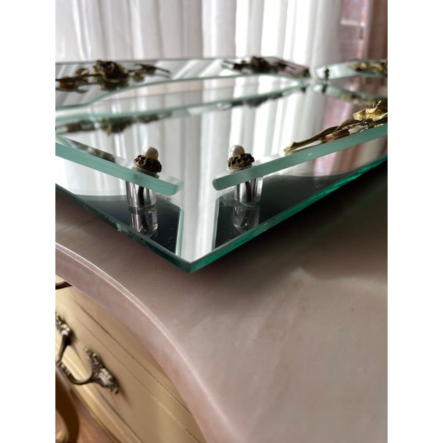 Vintage 1940s French Style Hollywood Regency Beveled Vanity Mirror With Gilt Floral Accents For Sale - Image 9 of 10