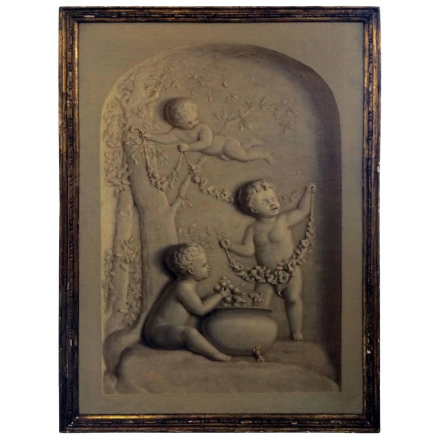 1900s French Trompe l'Oeil Oil Painting of Putti in a Niche For Sale