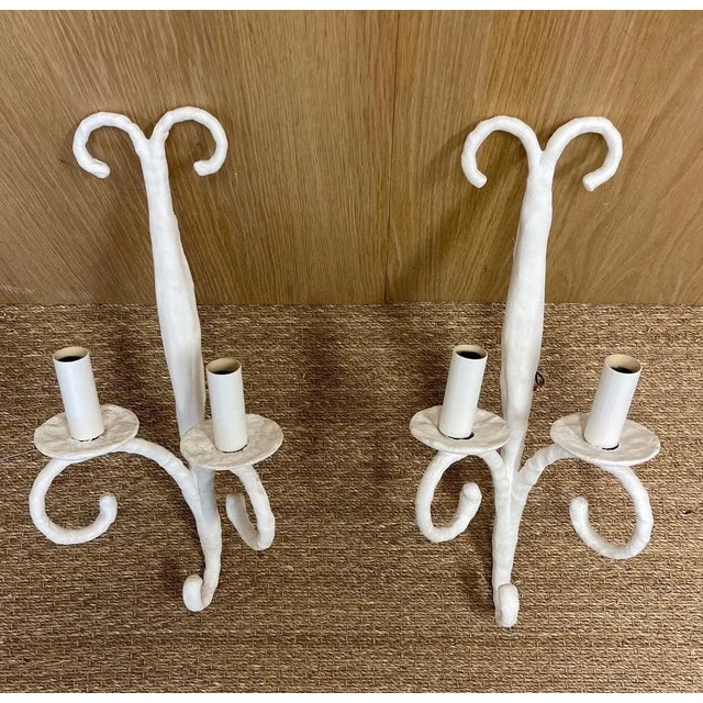 Pair of Vintage Frensh Plaster Double Arm Wall Sconces Candelabra Base by Creation Pascaud, 23”h x 10” w x 7” D