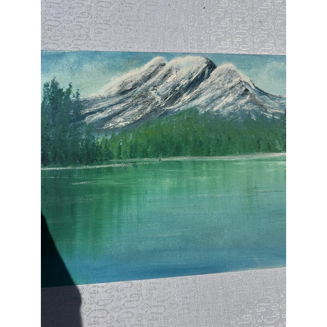 1990s Mountain and Lakeside Landscape Painting on Canvas For Sale - Image 4 of 7