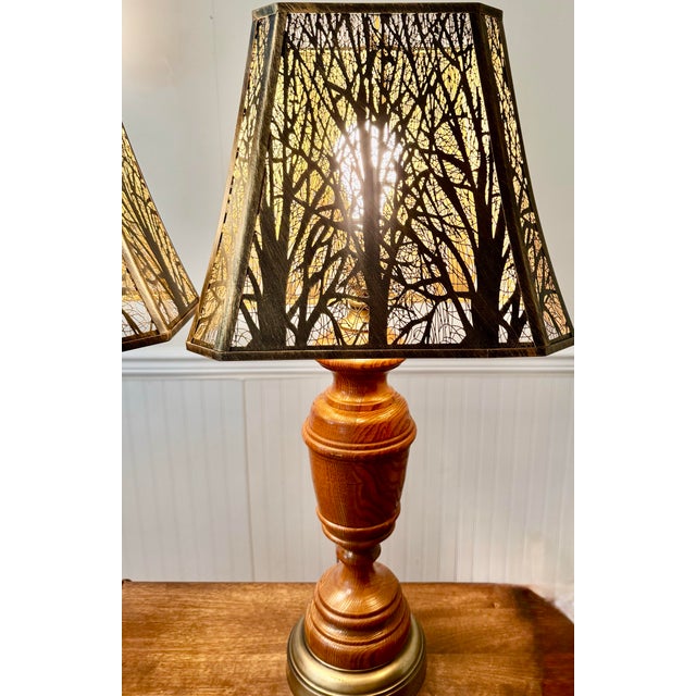 Wooden Table Lamps With Metal Tree Silhouette Shades For Sale - Image 4 of 12