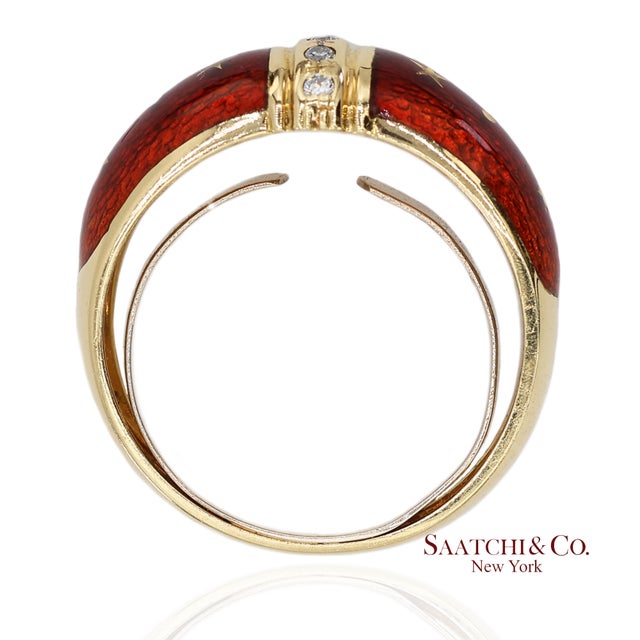 Early 21st Century Vintage Faberge 18k (750) Solid Yellow Gold Red Enamel Diamond Ring, Size 7.5 For Sale - Image 5 of 12