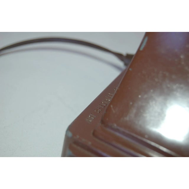 Mid-century chocolate brown metal fluorescent gooseneck flex arm adjustable tanker desk lamp with push-button on-off. Adds...