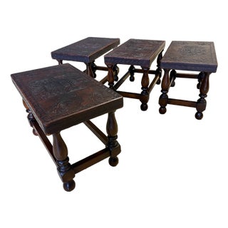 Antique Tooled Leather Top Stools / Tables For Sale