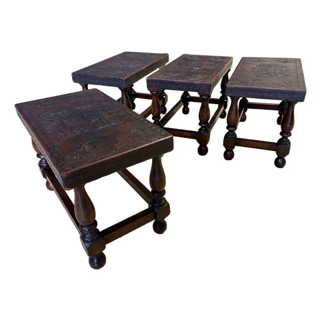 Antique Tooled Leather Top Stools / Tables For Sale