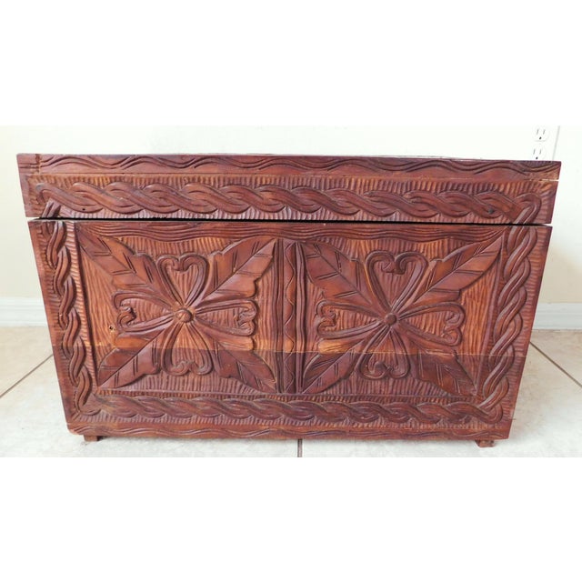 Vintage Mid Century Carved Wood Storage Truck Chest For Sale - Image 4 of 15