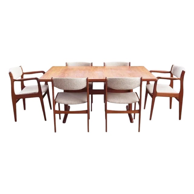 Danish Teak 60s 70s Larsen Dining Table + 6 Benny Linden Teak Chairs Set of 7 For Sale