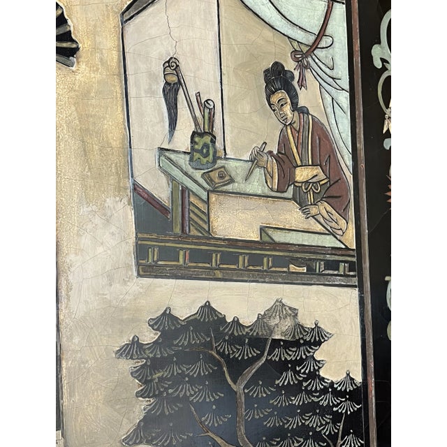Monumental Vintage Asian Coromandel 4-Panel Floor Screen With Incised Painted Details For Sale - Image 9 of 13