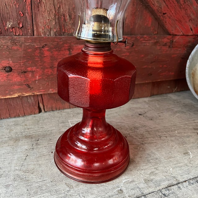 Vintage Red Glass Oil Lamp With Clear Chimney & Brass Wick Holder For Sale In Kansas City - Image 6 of 15