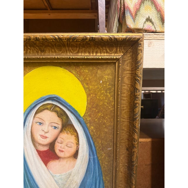 Wood Original Mid-20th Century Mother With Child Painting For Sale - Image 7 of 8