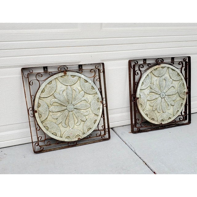 1980s Vintage Pair of Square Iron Framed Terracotta Relief Floral Medallion Wall Hangings For Sale - Image 10 of 12