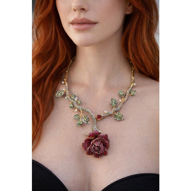 Bochic “Orient” Vintage Ruby, Tsavorite, Zircon & Diamond Necklace 18K Gold & Silver For Sale - Image 9 of 12