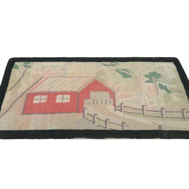 1920s Antique Hooked Rug With Farm Pictorials in Cream and Green, From Rug & Kilim For Sale - Image 5 of 7