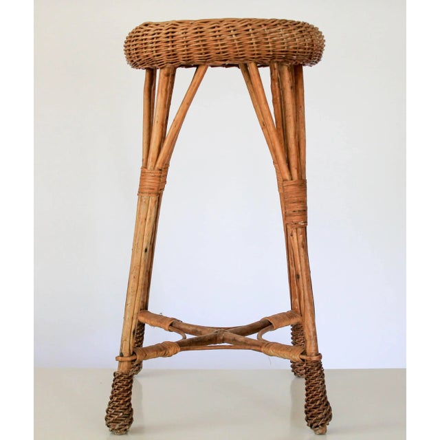 Brown Vintage Franco Albini Style Bamboo Stool W/ Wicker Seat For Sale - Image 8 of 8