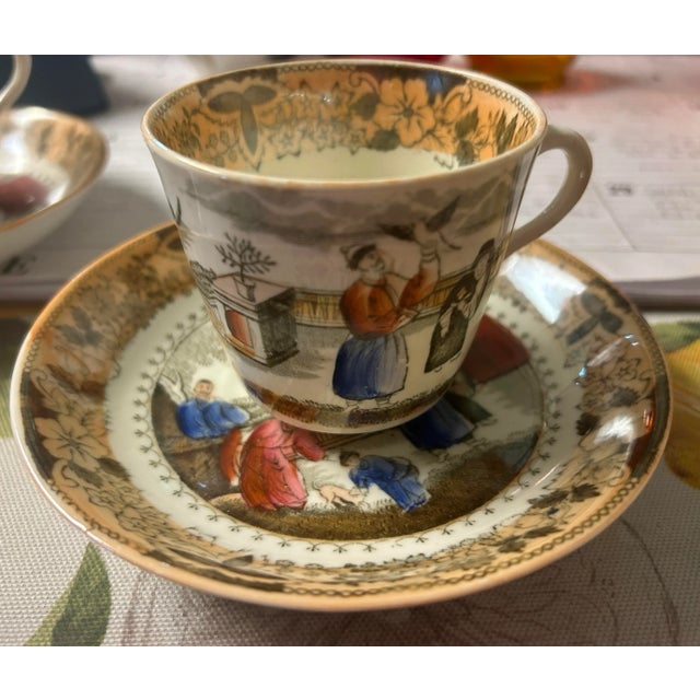 White Antique Chinoiserie Porcelain Sana Pattern Cup & Saucer Set- 4 Pieces For Sale - Image 8 of 10