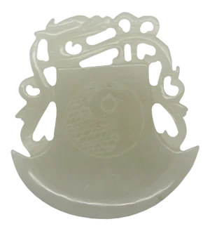 1980s White Natural Jade Pendant With Dragon Handle Ax & Ying Yang Symbol