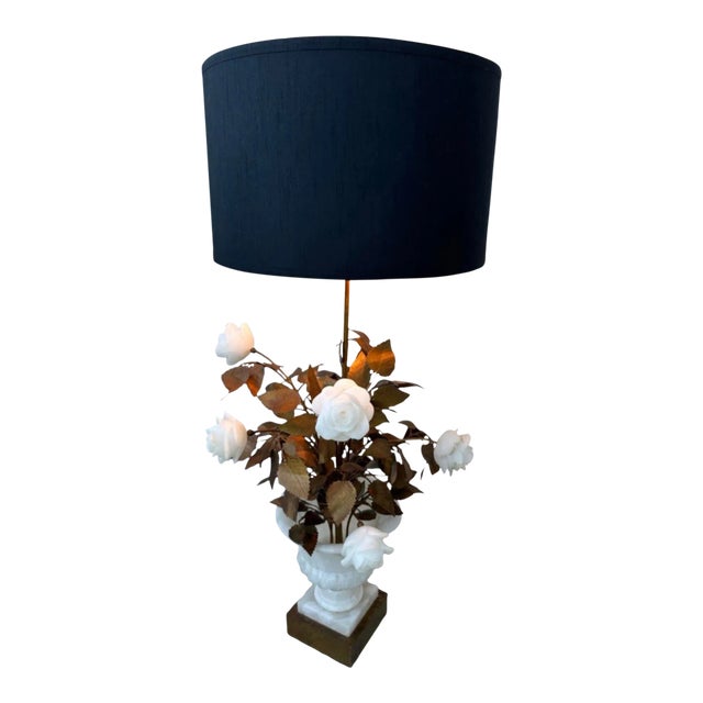 1950s Hollywood Regency Italian Alabaster & Gilt Gold Tole Floral Tall Table Lamp For Sale