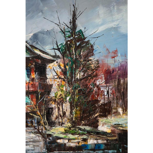 Blue Mid Century Modern Oil Painting Original Art Landscape Tower Home Signed Asian For Sale - Image 8 of 12