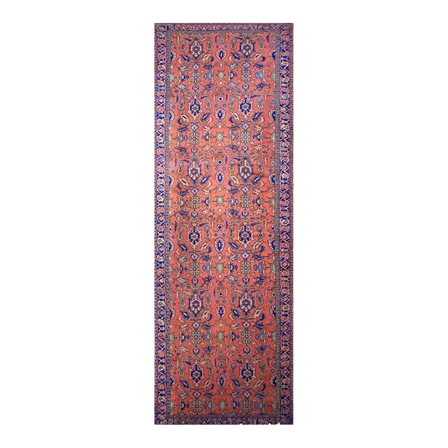 Antique Turkish Oushak Wool 6X18 Salmon, Blue & Ivory Handmade Gallery Rug #1143700 For Sale