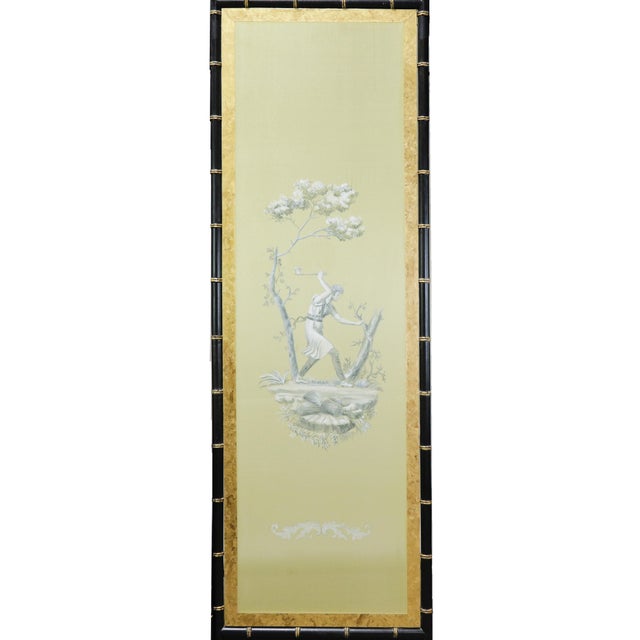 Vintage Neoclassical Four-Panel Folding Screen – Hand-Painted Silk With Faux Bamboo Frame For Sale - Image 4 of 15