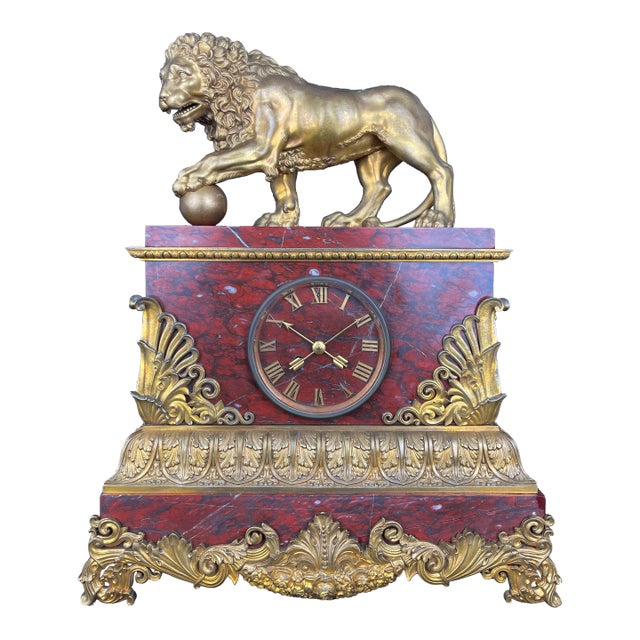 A Large Size Gilt Bronze & Rouge Marble Clock, France, 19th Century For Sale