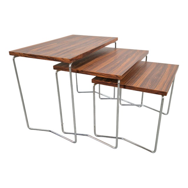 Nesting Tables in Chrome and Wood from Brabantia, 1970s, Set of 3 For Sale