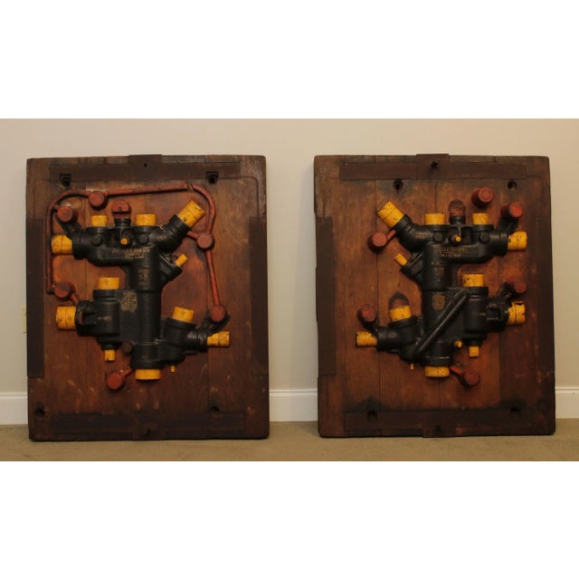 Modern Assemblage Carved Wood Wall Art, Mixed Media Industrial Piping Mounted on Wood. Dimensions: 43.75 x 37 each.