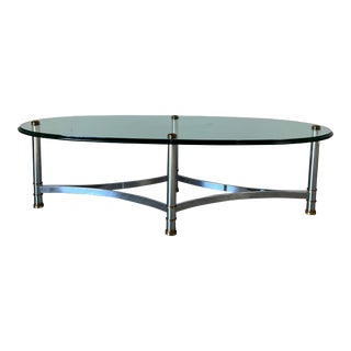 70's Hollywood Regency Maison Jansen - Style Chrome and Brass Oval Coffee Table For Sale